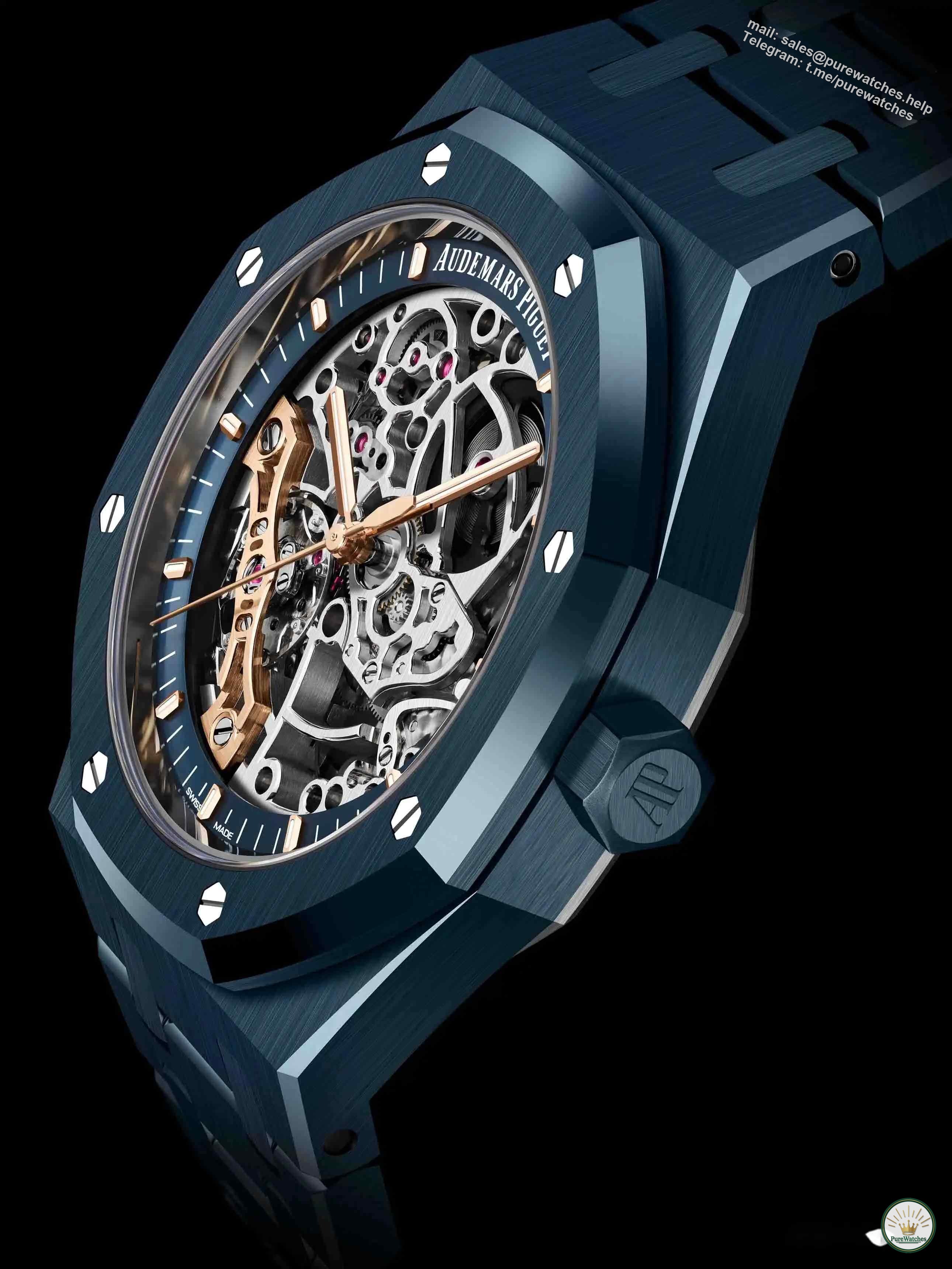 Limited collection! Audemars Piguet Royal Oak double balance wheel skeleton watch, night blue ceramic interpretation of classic