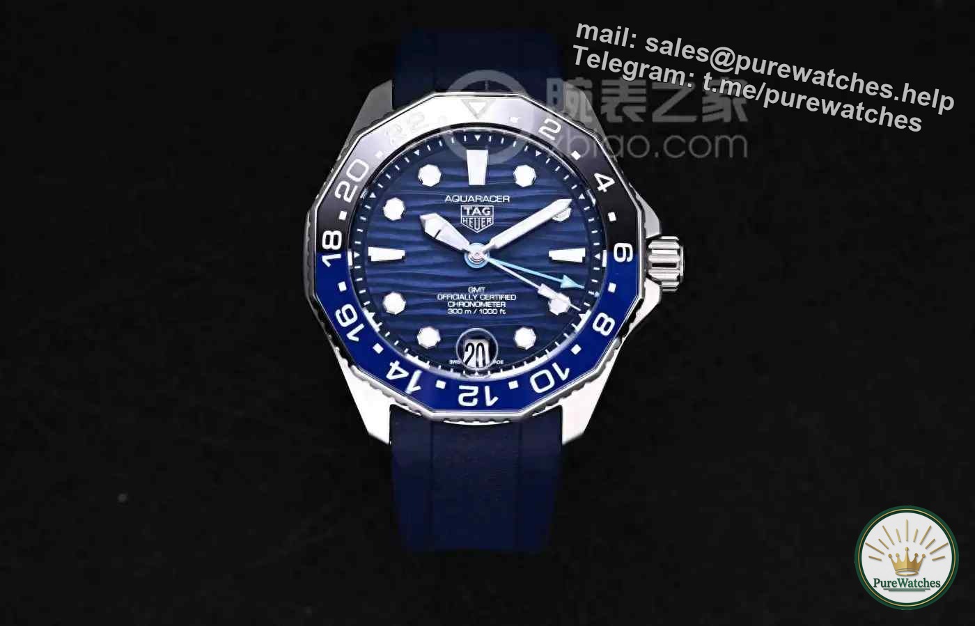 Perfect for both business and diving! TAG Heuer Aquaracer GMT watch, the blue and black bezel is very practical to distinguish day and night
