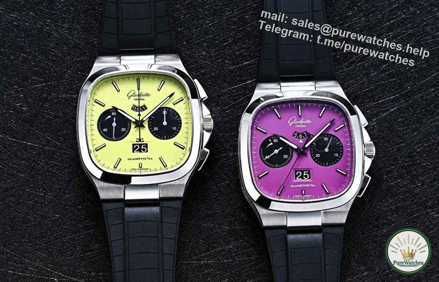A new benchmark for German fine watchmaking! The GO Plasma Purple & Lime Green limited edition watch has both great performance and good looks!