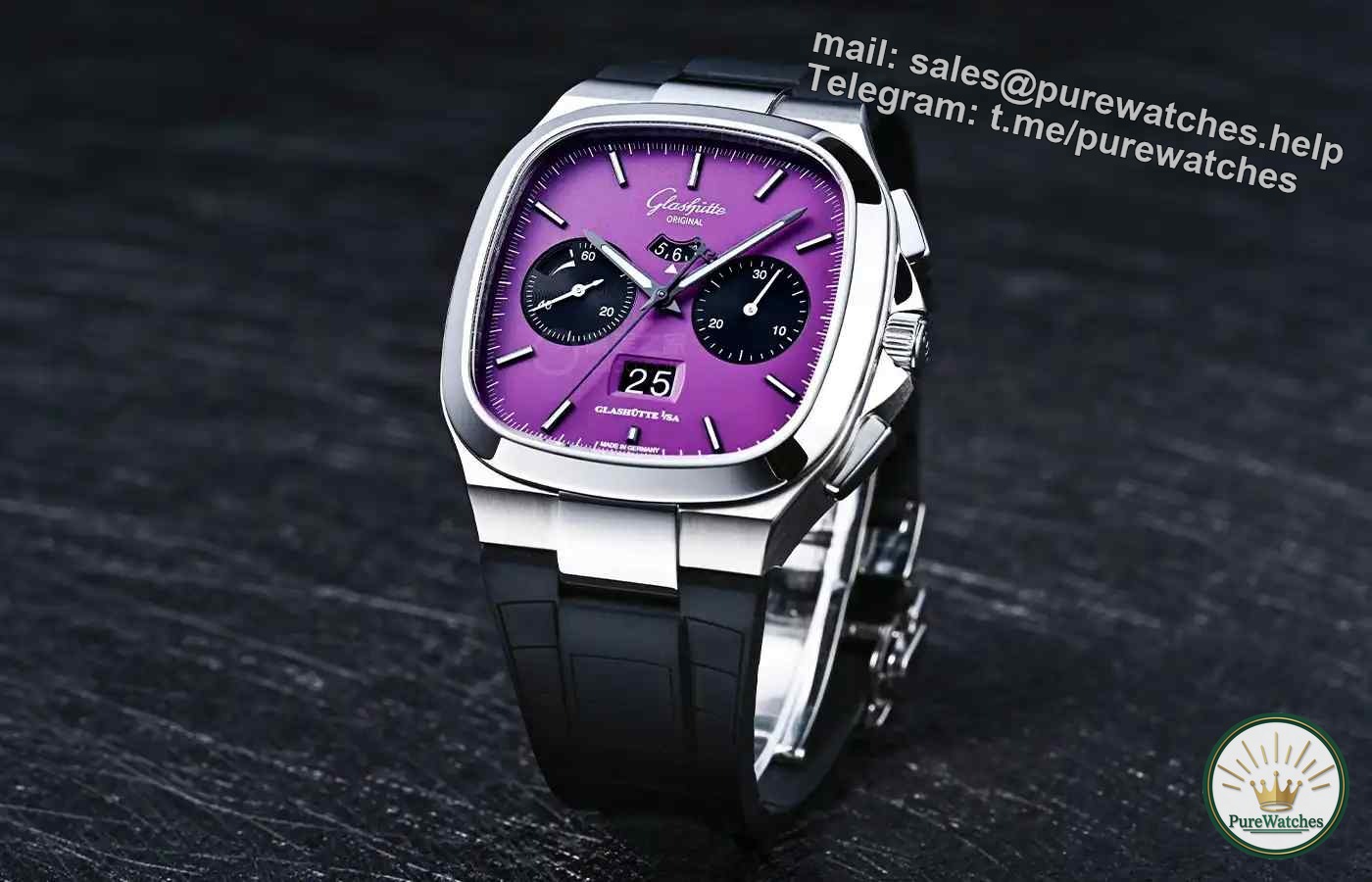 A new benchmark for German fine watchmaking! The GO Plasma Purple & Lime Green limited edition watch has both great performance and good looks!