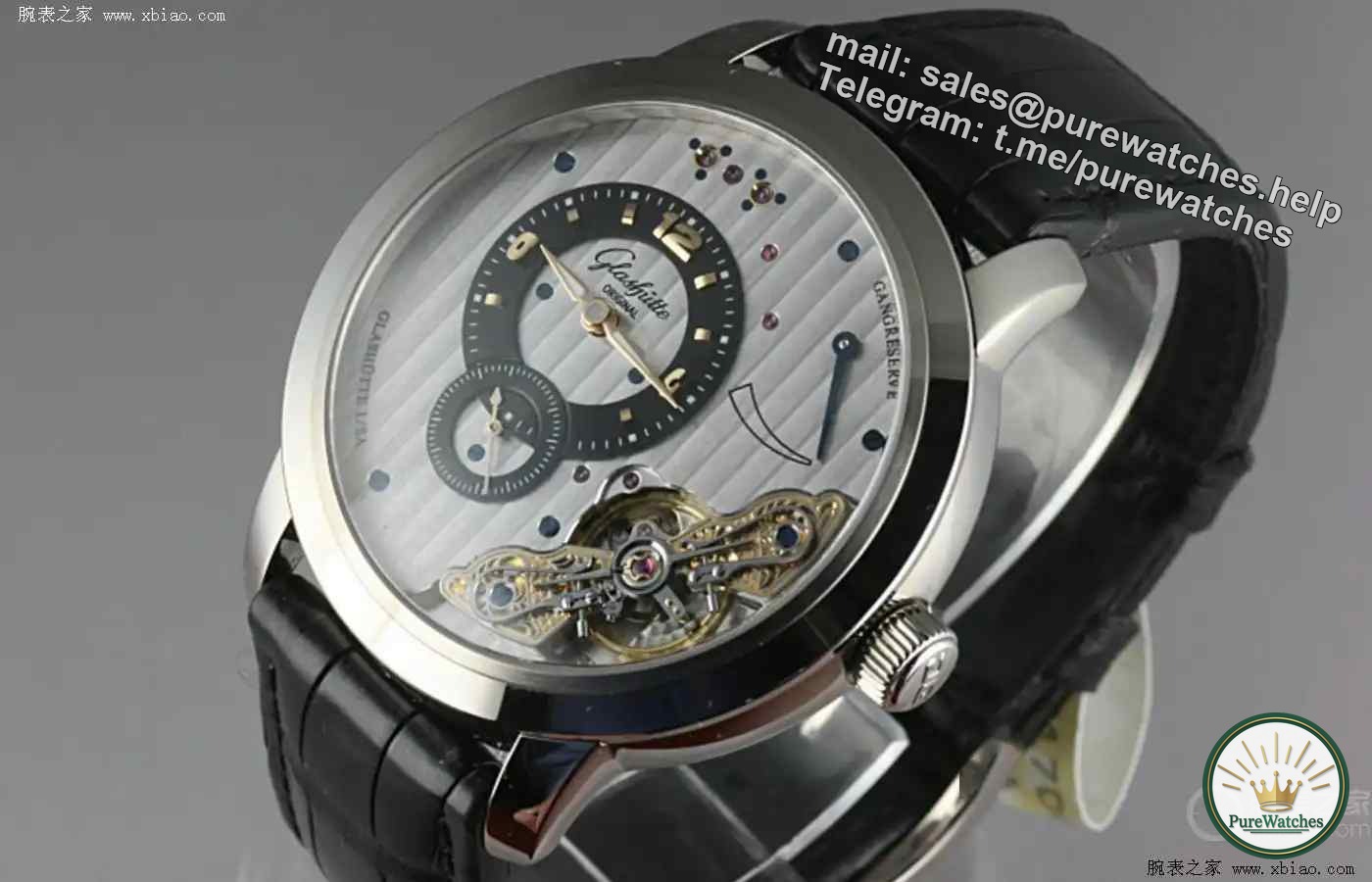 The inversion of the movement is truly original! Glashütte moved all the gooseneck fine-tuning and gold sleeves to the dial, and the front is a mechanical feast.