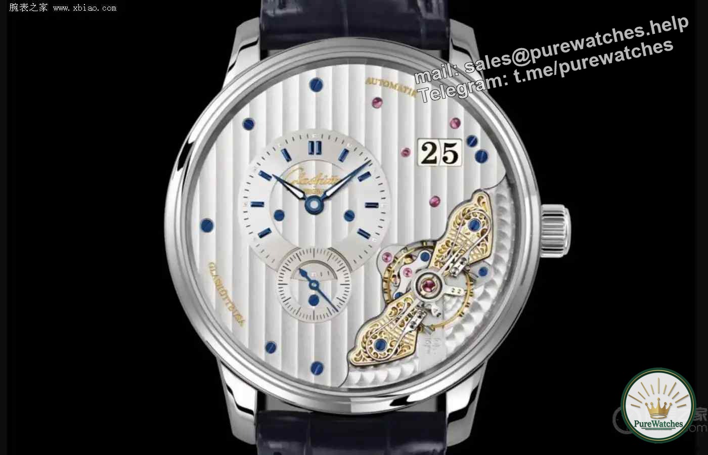 The inversion of the movement is truly original! Glashütte moved all the gooseneck fine-tuning and gold sleeves to the dial, and the front is a mechanical feast.