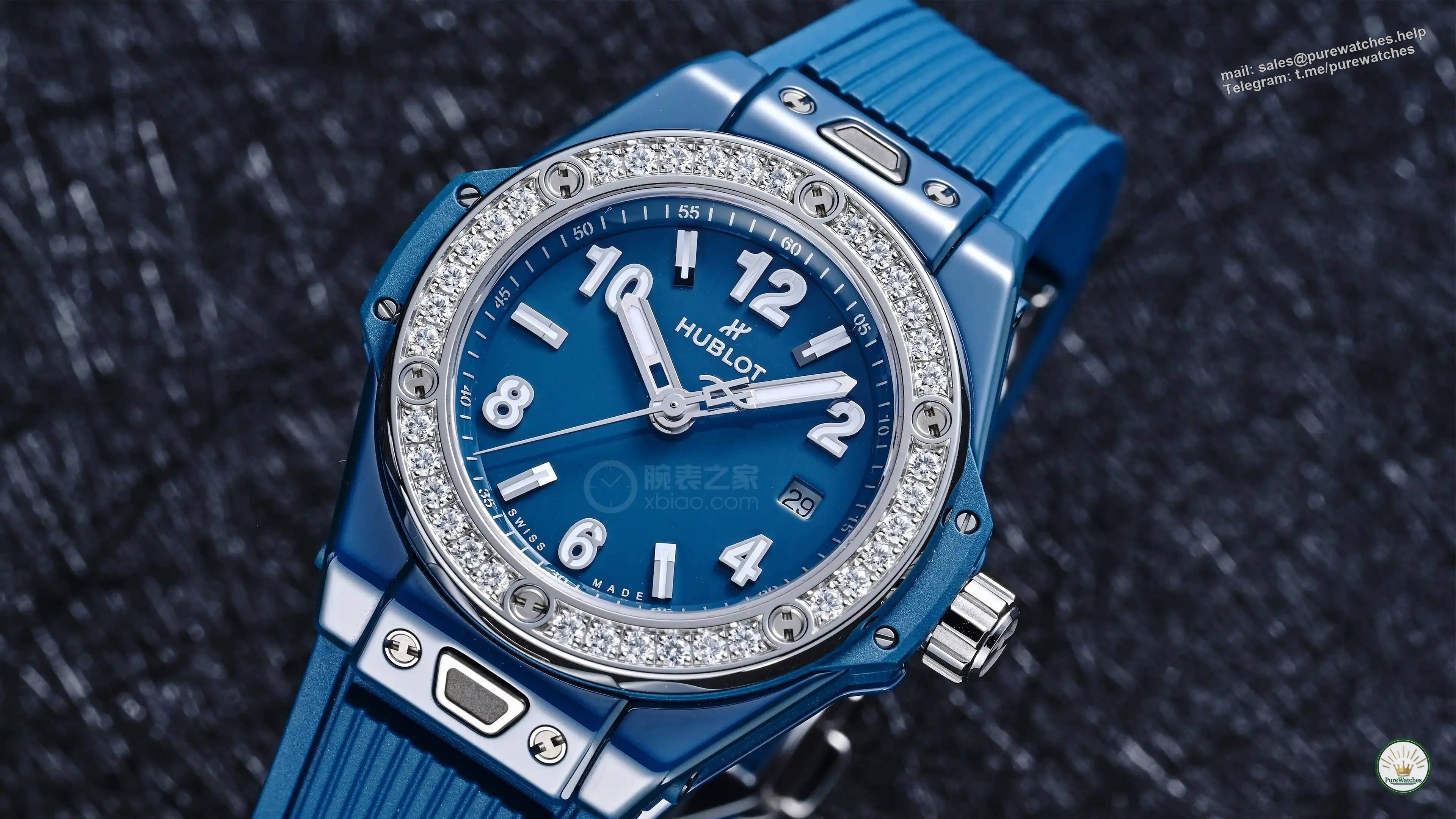 Who says tough sports watches can’t be feminine: Hublot Big Bang diamond-encrusted model, green-grey-blue ceramic + diamond bezel for balanced aesthetics