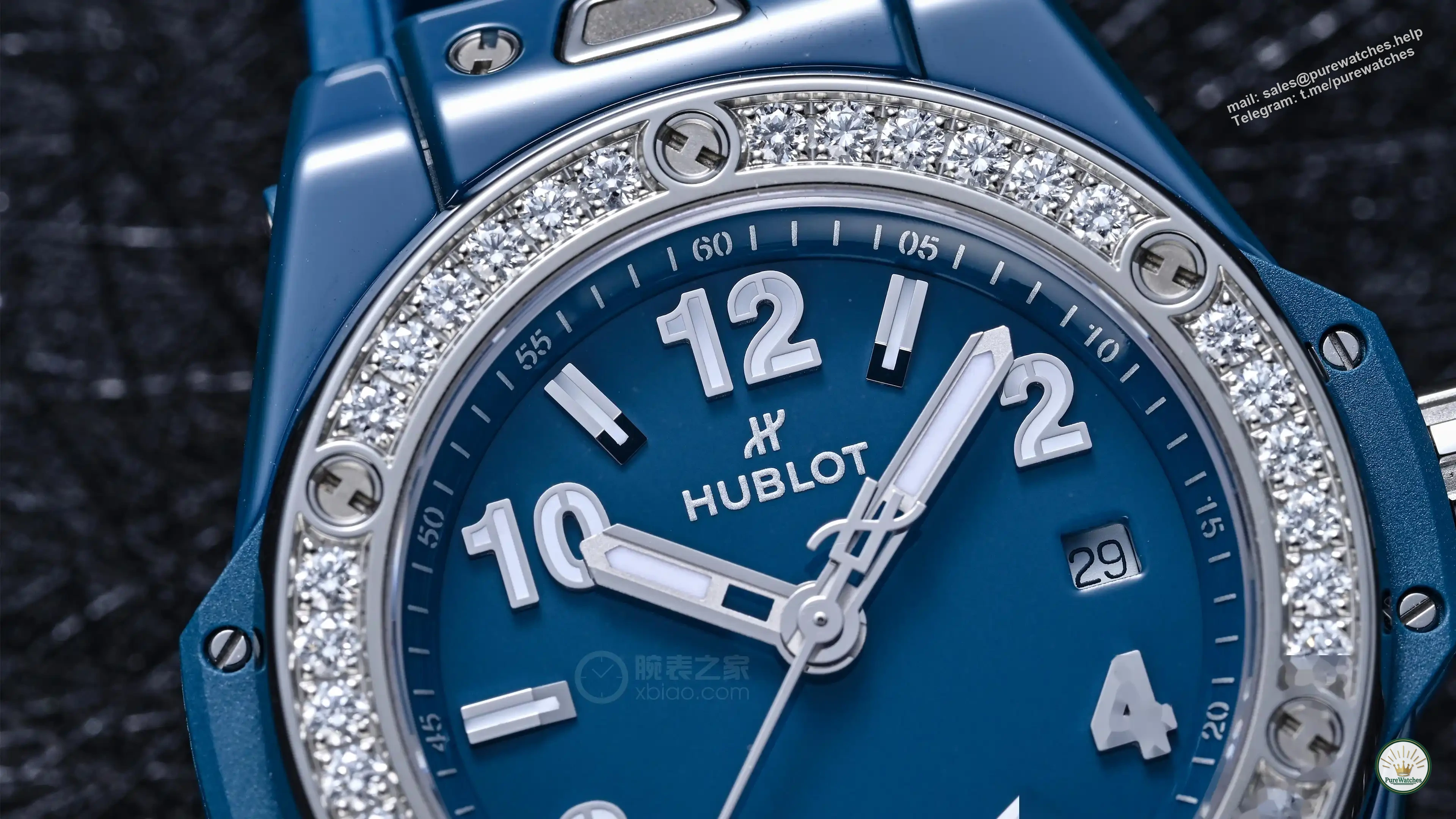 Who says tough sports watches can’t be feminine: Hublot Big Bang diamond-encrusted model, green-grey-blue ceramic + diamond bezel for balanced aesthetics